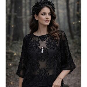 Bishop + Young Womens Top M Black Sheer Floral Whimsigoth Dark Fairy Evening